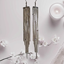 Quick Silver Fringe Tassel Dangle Rhinestone "S" Curve Shape Earrings 4" long