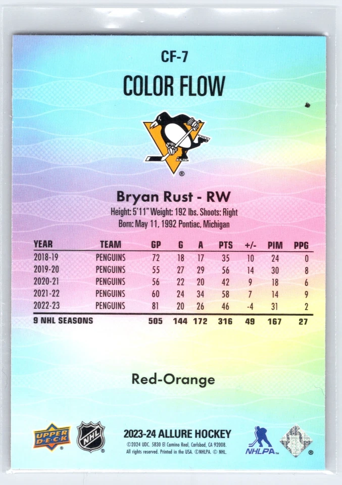 Bryan Rust 2023-24 Upper Deck Allure Red-Orange Color Flow #CF-7 - Image 2 of 2