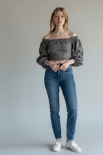 FOREVER 21 Damen Off-Shoulder Crop Top Karo Schwarz Weiß Gr. S Carmen Bluse