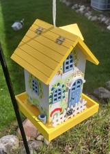 Bird Feeder Wooden Folk Art, Hanging Little Yellow Cottage, Tray Type, Colorful