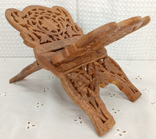 INDIA VTG HAND CARVED ARCHANA WOODEN FOLDING BIBLE BOOK DISPLAY HOLDER STAND