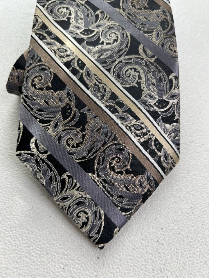 Corbata Platinum Designs negra, gris, marrón a rayas/patrón floral 100 % seda nueva sin etiquetas Foto 2 de 4
