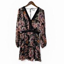 Guess Long Sleeve Elana Dress Small Floral Silky Black $168