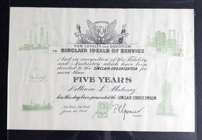 1954 Sinclair Oil Service Emblem for Five Years of Loyalty & Devotion w/ Letter