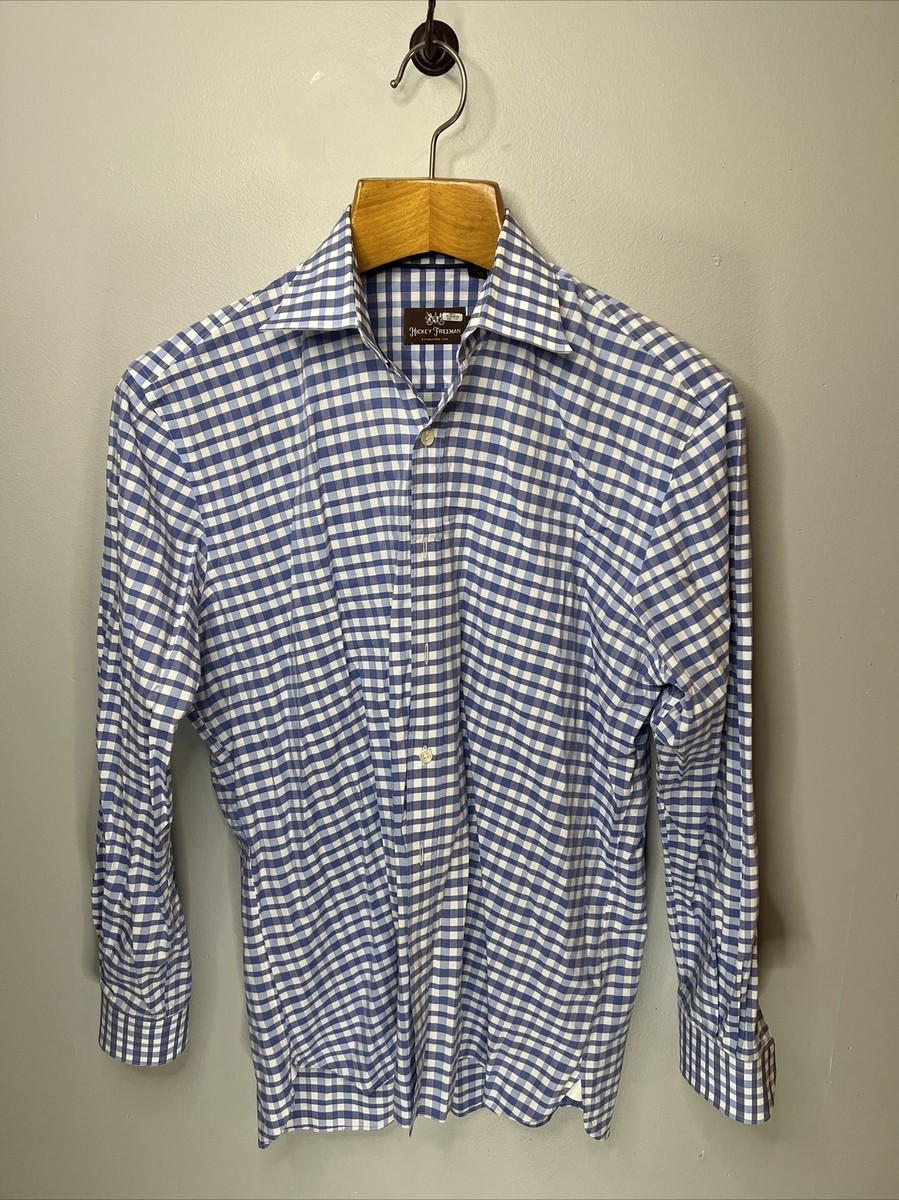 hickey freeman men's dress shirts Hickey Freeman Shirt Mens 15 Small Blue Check Long Sleeve Button Up Dress New