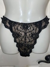VTG Victorias Secret Bikini Thong Black Hi Leg Nude Mesh Lining Lace Panties M/L