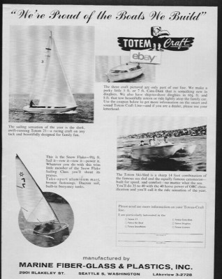 TOTEM CRAFT BOATS SEATTLE MARINE FIBERGLASS PLASTIC SAILBOATS & SKI SLED 1960 AD