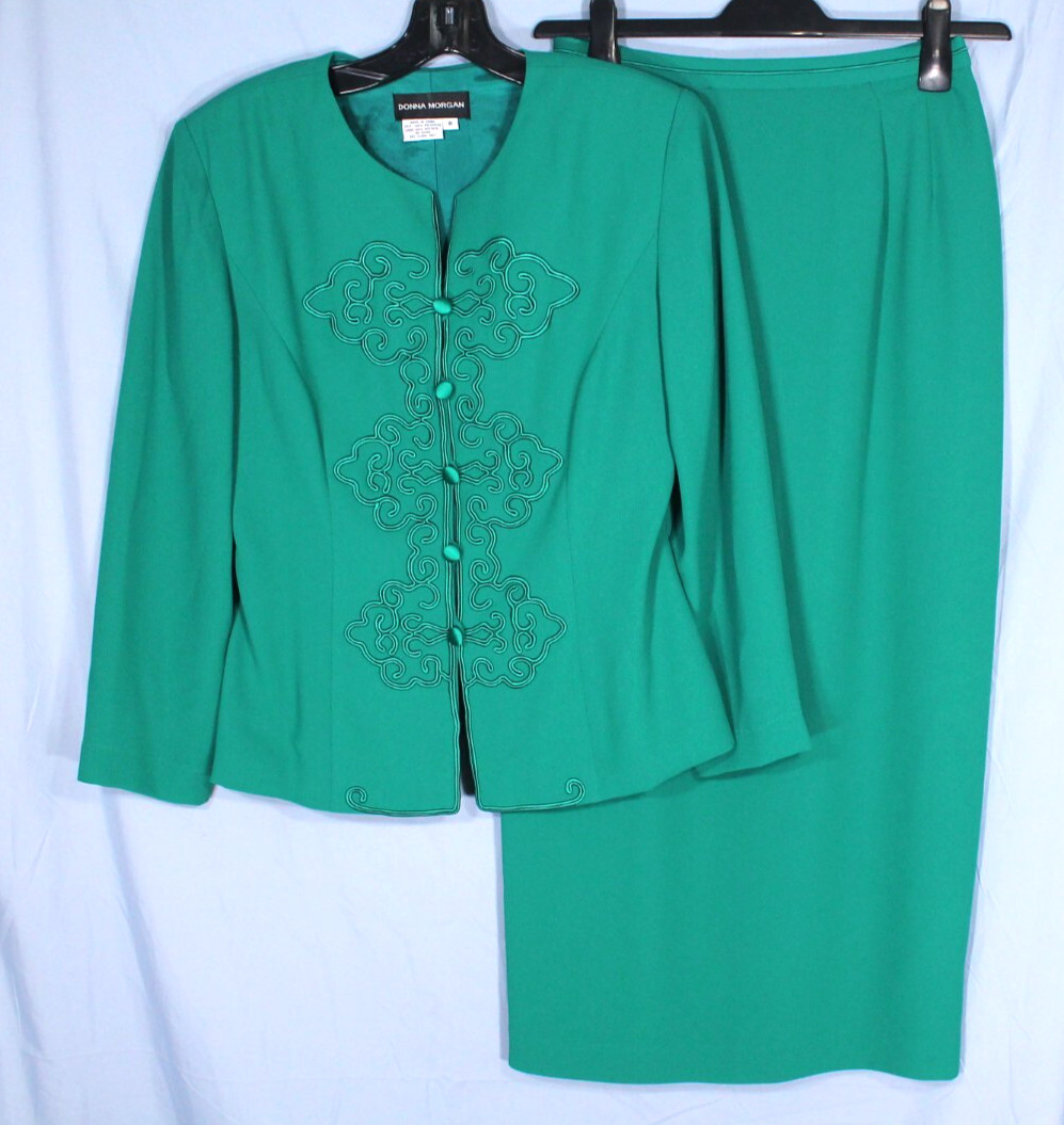 DONNA MORGAN Lined CREPE Green MOTB Jacket/Pleated A-Line Skirt OUTFIT SET Sz 8
