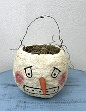 Paper Mache Primitive Snowman Basket Folk Art Clear Frosted Glitter Holiday Deco