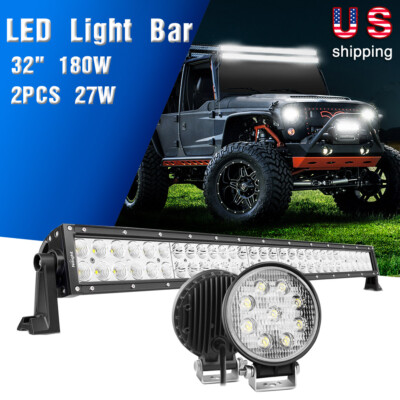 Nilight 32Inch Dual Row LED Light Bar 180W Spot Flood Combo + 2PCS 27W Fog Lamps