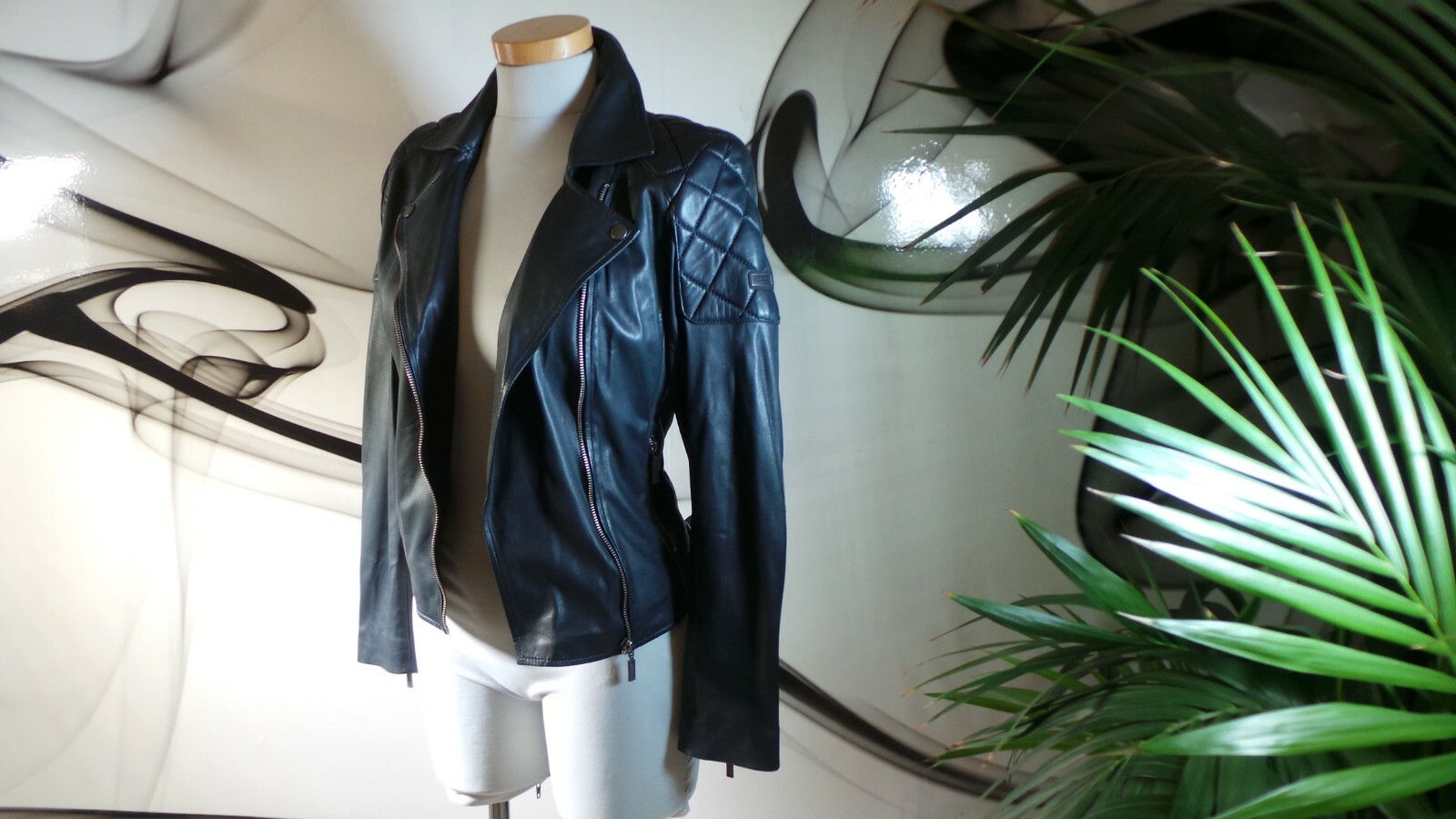 NWOT DESIGNER RARE BLUE Barbour REAL LEATHER FITTED BIKER JACKET COAT SIZE 10 image 3