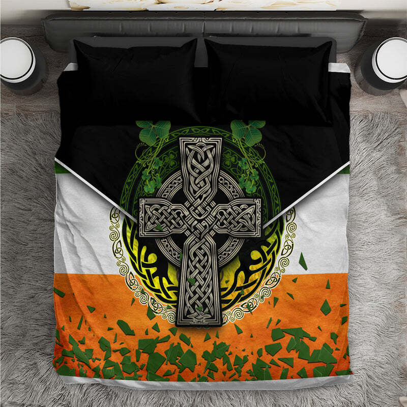 Irisches Kreuz Mix mit Kleeblatt Floral und Flagge Bettwäsche-Set TS04