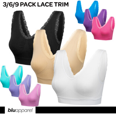 3 6 9er Pack Nahtlos Spitzenbesatz Komfort BH BHs Schlaf Stretch Ungepolstert UK 8-20