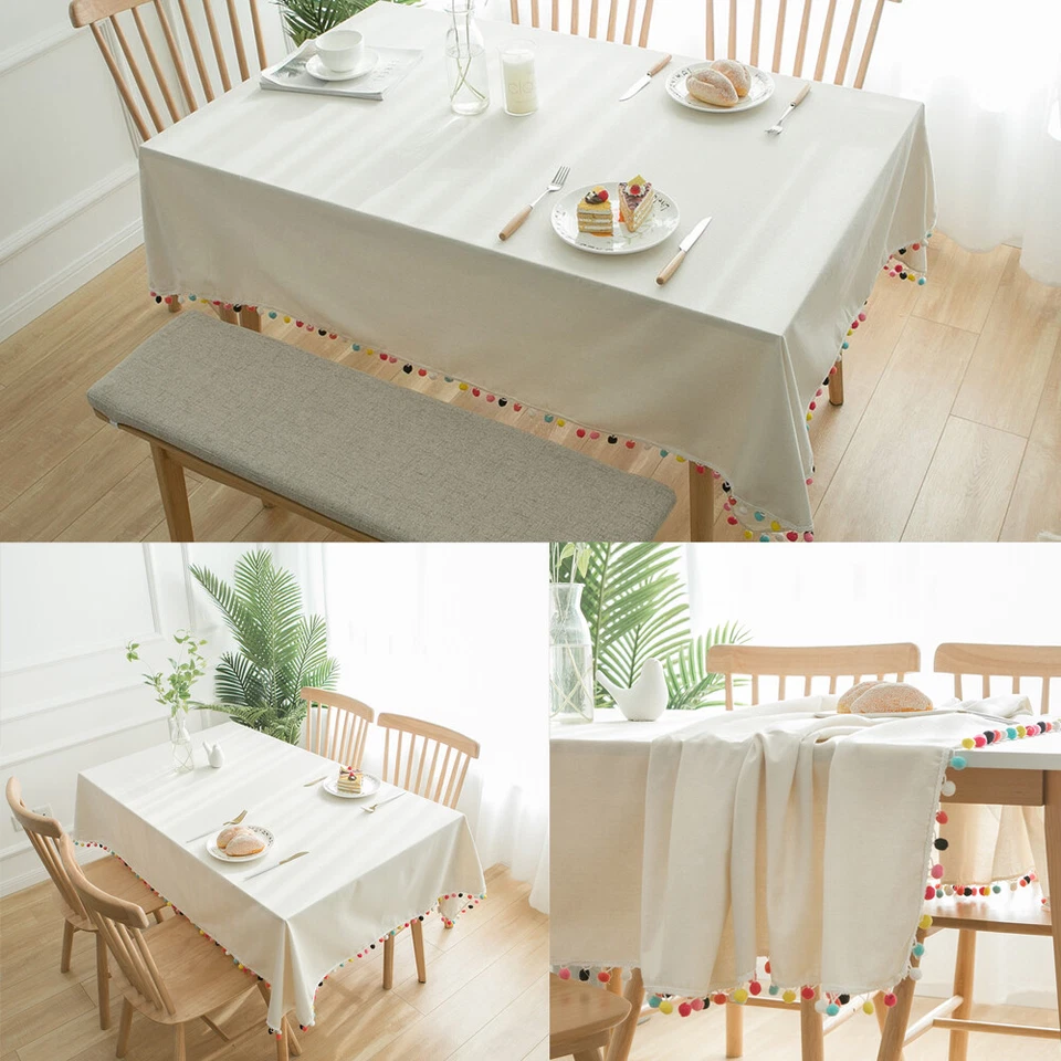 Rectangle Tablecloth Tassel Pom Table Cloth Covers Kitchen Dining Wedding Decor - Image 4 of 4