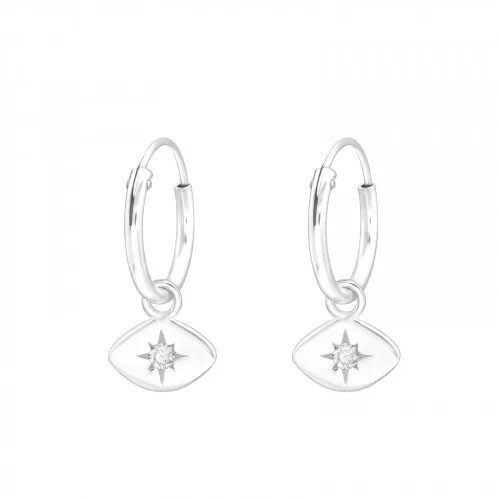 925 Sterling Silver Evil Eye Earrings Mati Nazar Sleeper Hoops Crystal Clear CZ - Bild 1 von 1