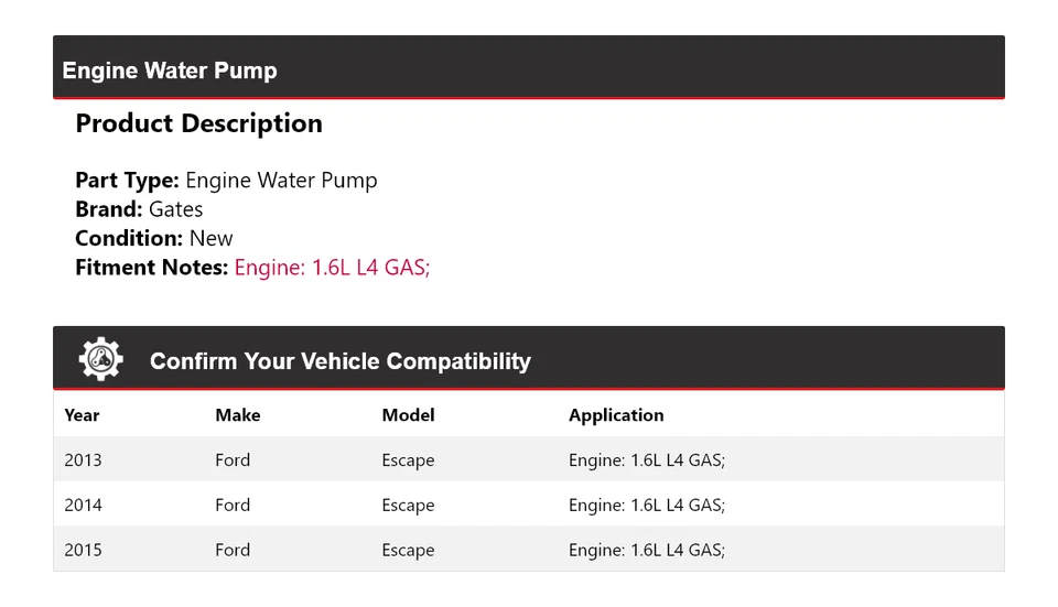 For 2013-2015 Ford Escape 1.6L L4 GAS Engine Water Pump Gates 2014 - Image 2 of 4