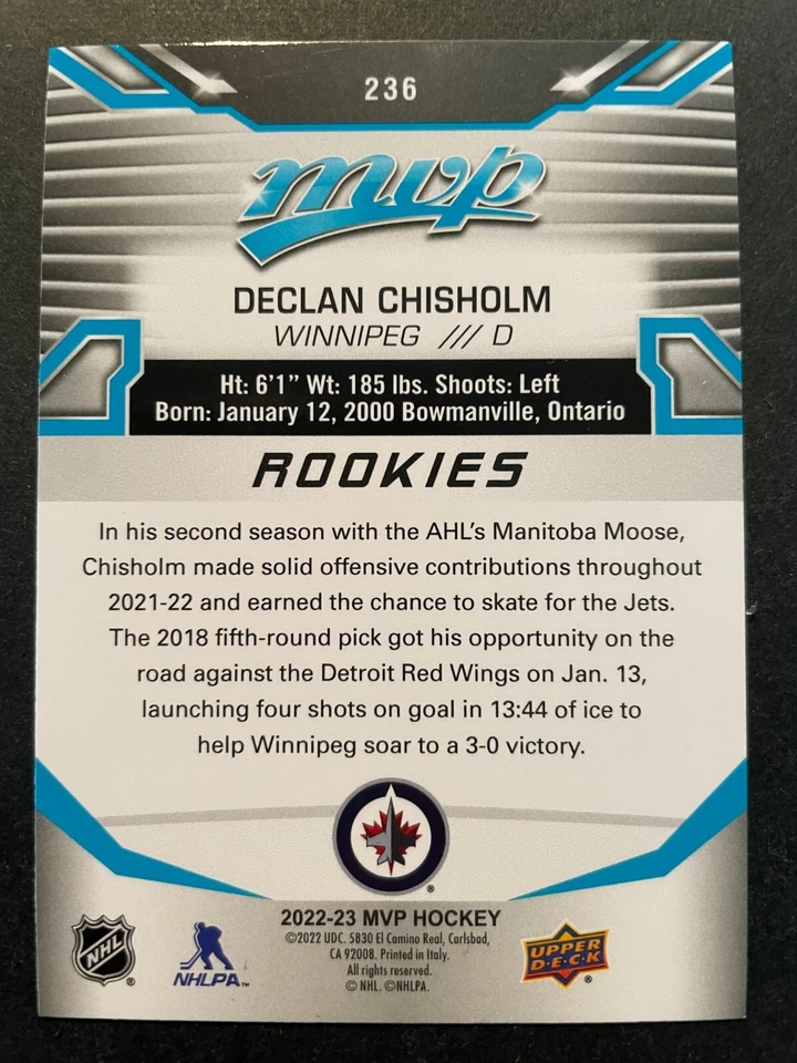 Declan CHISHOLM 2022-23 Upper Deck MVP Short Print Rookies #236 - Image 2 of 2