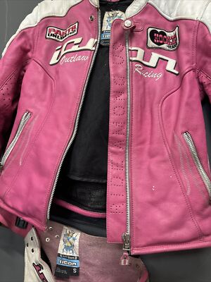 ICON Kitty Pink White Leather Jacket & Motor Cycle Chaps | Size S