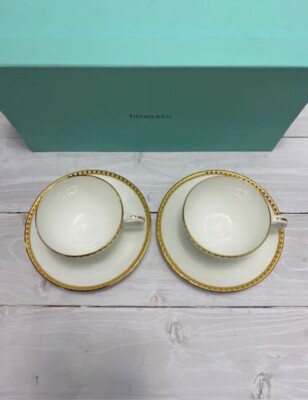 TIFFANY & Co Gold Band Pair of Tea Cups & Saucers Authentic Boxed