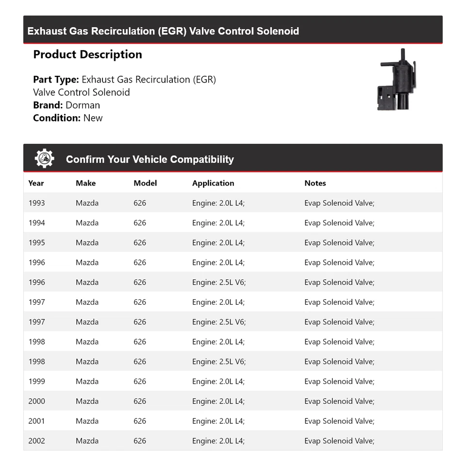 Solenóide de controle de válvula 1994 1995 1996 1997 para 1993-2002 Mazda 626 Dorman EGR - Imagem 2 de 4