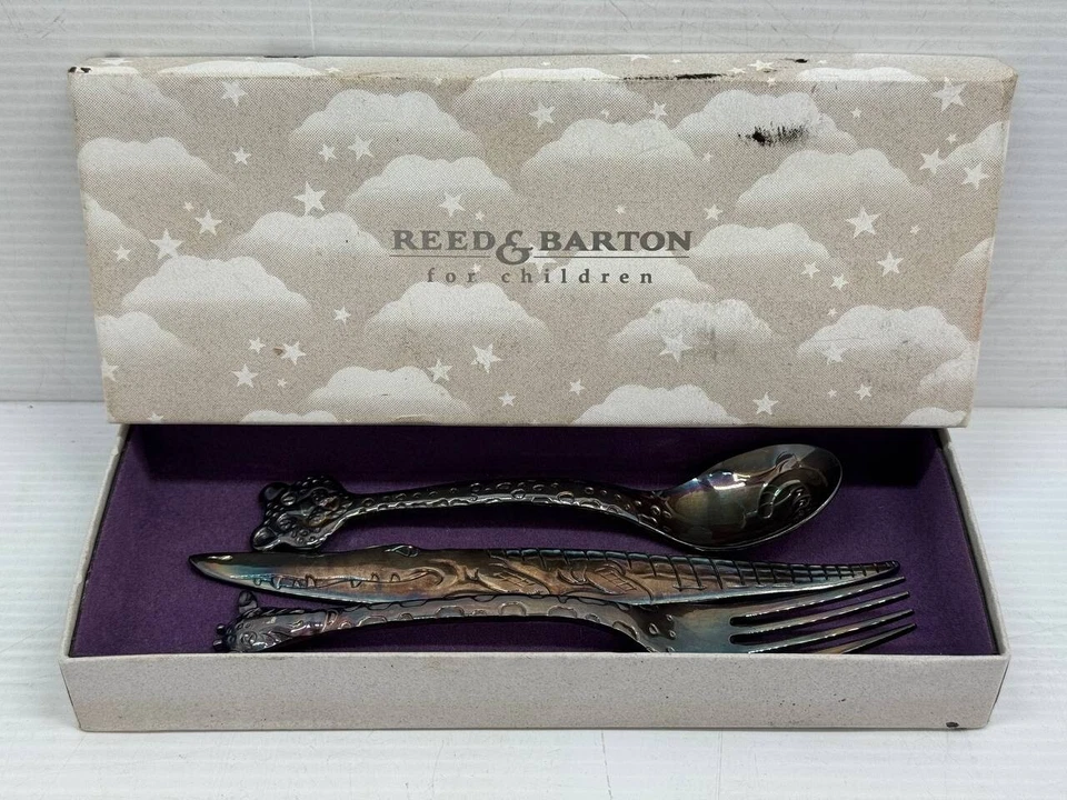 Juego de 3 cubiertos para niños Reed & Barton plateados animales” Foto 2 de 4