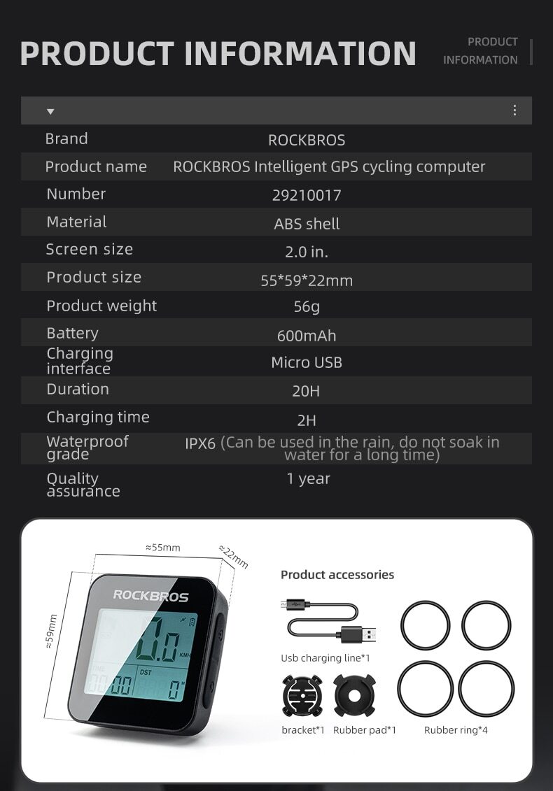 ROCKBROS GPS Bike Computer With Mount, Accurate Bike Speedometer Wireless Automatic Backlight Bicycle Odometer Ipx6 Waterproof 600mah Battery Large Display Scre