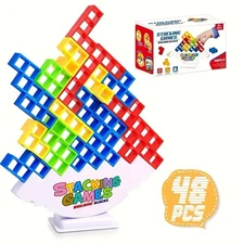 Tetra Tower Balance Game – 48PCS 3D Stacking Puzzle Blocks Educational STEM Toy