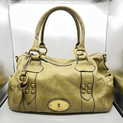Fossil Maddox Satchel Shoulder Bag Olive Green Leather Y2K Studded Purse Key Tag