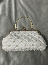 White Beaded Pearl Embellished Bridal Clutch Bag with Gold Handle and Clasp