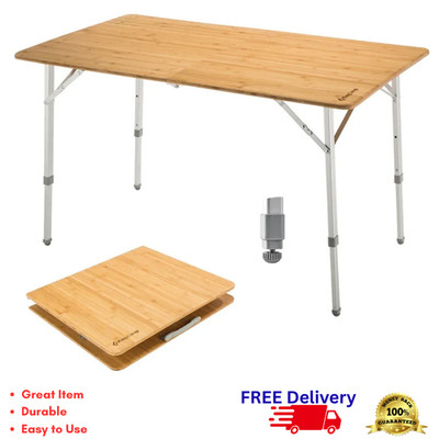 Portable Bamboo Camping Table Adjustable Height Folding Picnic Outdoor Desk