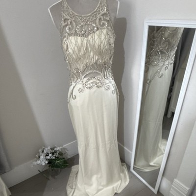 Ivory Beaded Sequin Sleeveless Sheath Wedding Dress Boat Neck Full-Length |  eBay