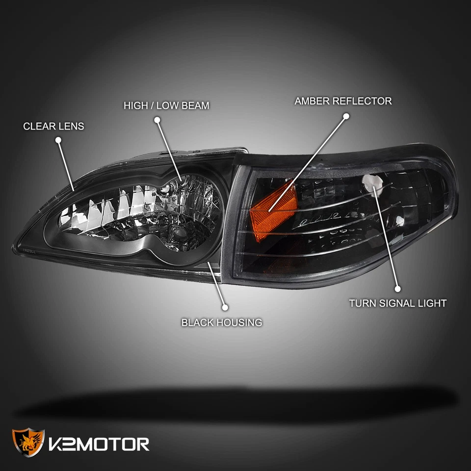 Fits 1994-1998 Ford Mustang Black Headlights+Corner Lamps Turn Signal Left+Right Foto 3 de 4
