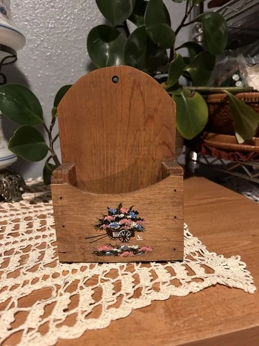 Vintage Primitive Wooden Wall Letter Pocket Holder Hand Painted. Floral Scene
