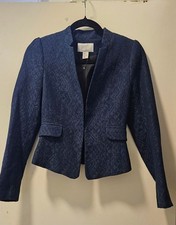 NWOT H&M Women's Navy Blue Fitted Cropped Jacket Blazer Geometric Print UK 6