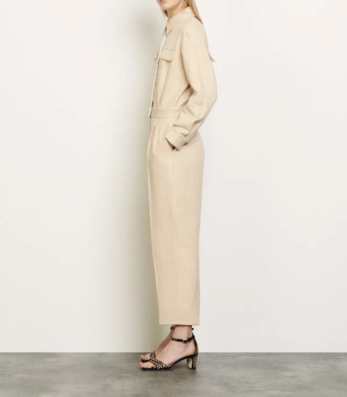 SANDRO Uno Jumpsuit Damen (EU) 40 Leinenmischung Langarm Plissee Taschen