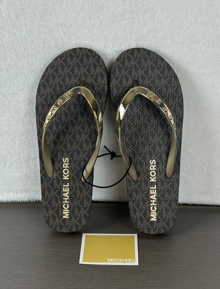 Michael Kors Women's MK Signature Logo Flip Flops Brown/Gold Size