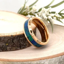 8mm Gold Tungsten Carbide Ring Blue & Green Opal Inlay, Unisex Wedding Band