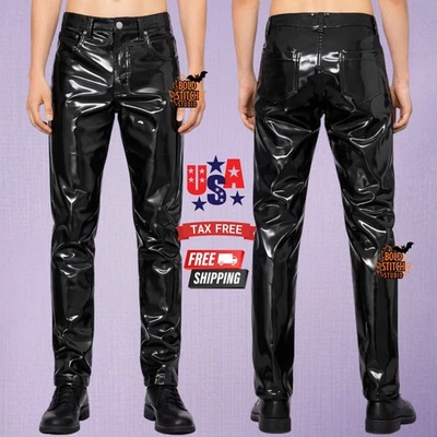 Black PVC Pants Unisex Patent Leather Look Slim fit Leg Vinyl Trousers - Photo 1/4