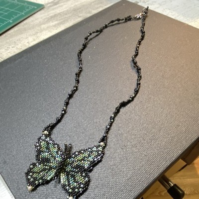 Handcrafted Glass Beaded Necklace Butterfly Pendant Black & Green 16in