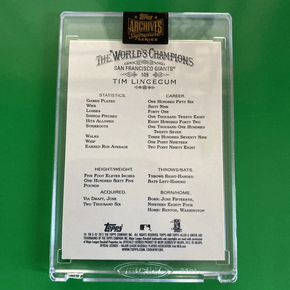 Tim Lincecum 2021 Topps Archives Signature Series Auto 2012 Allen & Ginter 22/85 - Image 3 of 3