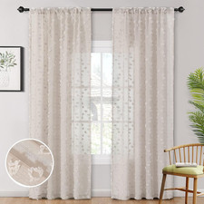 Pom Pom Beige Sheer Curtains for Bedroom Girls Room Curtains 72 Inches Long for