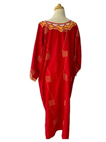 Vtg African Red Gold Embroidered Caftan Maxi Dress OS Sz XL Ceremonial Lounge - Picture 6 of 6