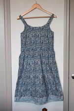 GH Bass 100% Cotton Sundress 6 Blue White Floral Woodblock Print Pockets Boho