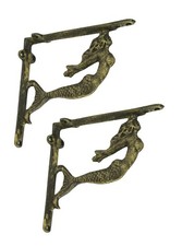 Cast Iron Swimming Mermaid Wall Shelf Bracket Coastal Decor Set of 2, Bronze