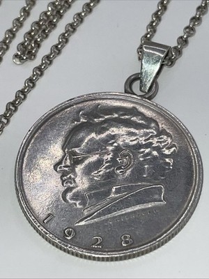 835 Ekstro Silber Kette(60cm)Münzanhänger 1928 Franz Schubert,17.8g,L-4+B-2.9cm