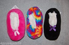 Girls 3 PAIR LOT SOCK SLIPPERS Booties SHERPA LINED Pink TIE DYE Black S-M