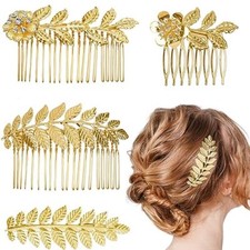 4 PCS Leaf Hair Side Combs, Gold Leaf Hair Comb Clips with Teeth Gold Hair