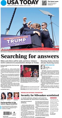  USA TODAY Searching For Answers Donald Trump Shot Headlines Newspaper, July 15