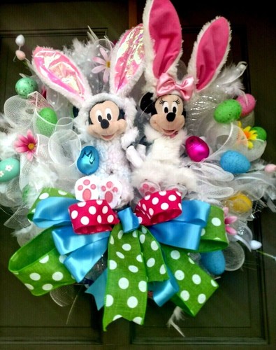 Mickey and Minnie Mouse Easter Bunny Disney Wreath Spring Front Door Decor 24" - Picture 4 of 10