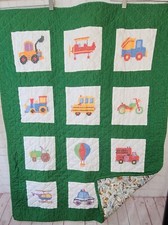 Handmade Baby Quilt Cars Trains Trucks Cross Stitch Nursery Wall Decor 36 x 48
